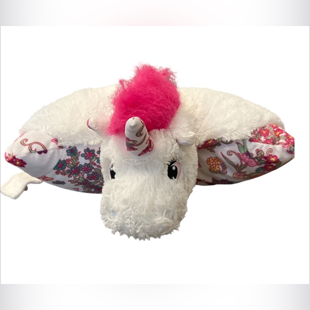Rare White Pink Pillow Pets Unicorn Floral Bottom And Horn 18” Butterflies